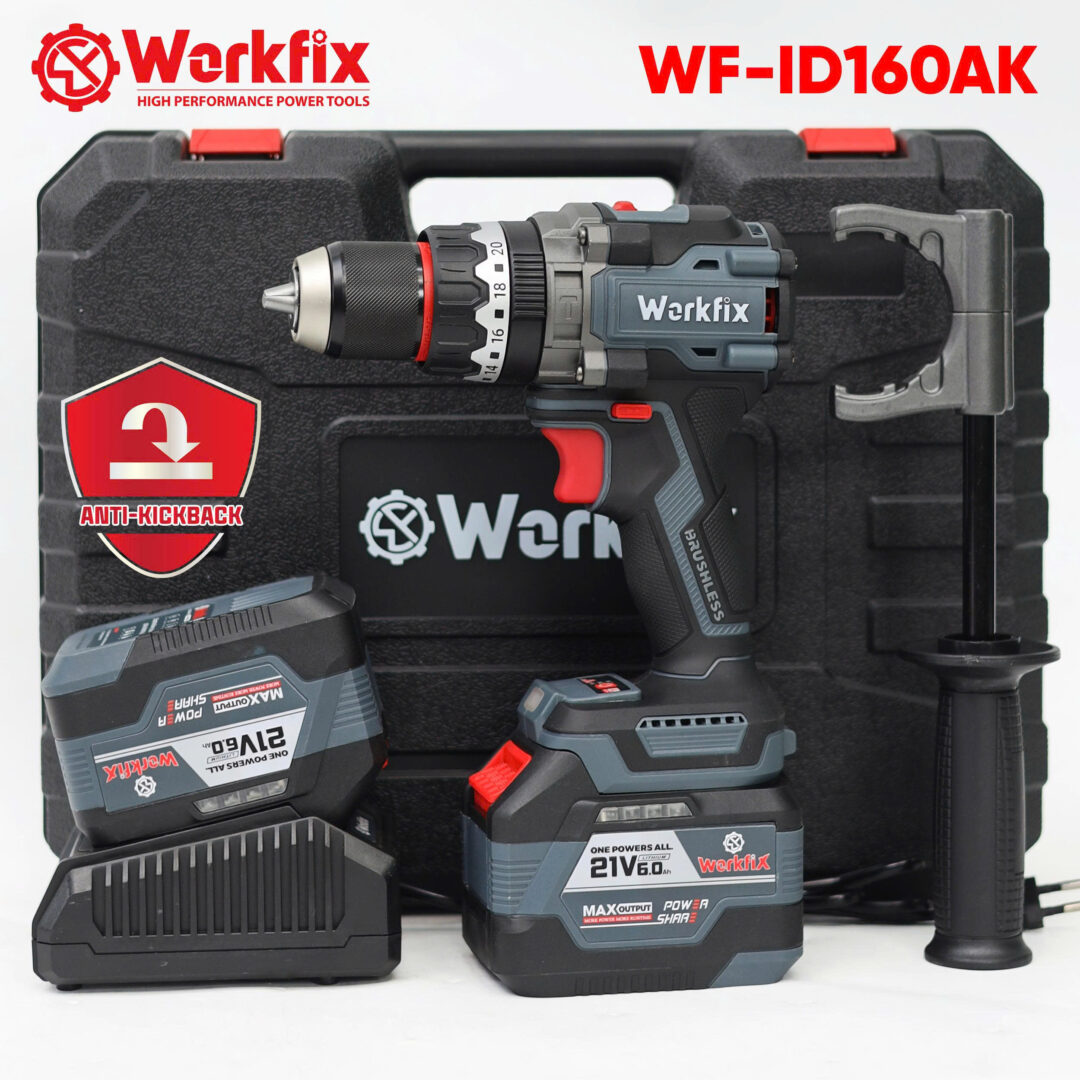 Máy Khoan Pin 13mm WORKFIX WF-ID160AK Lực 160N Chuyên Khoan Tường, Rút Lõi, Không Chổi Than