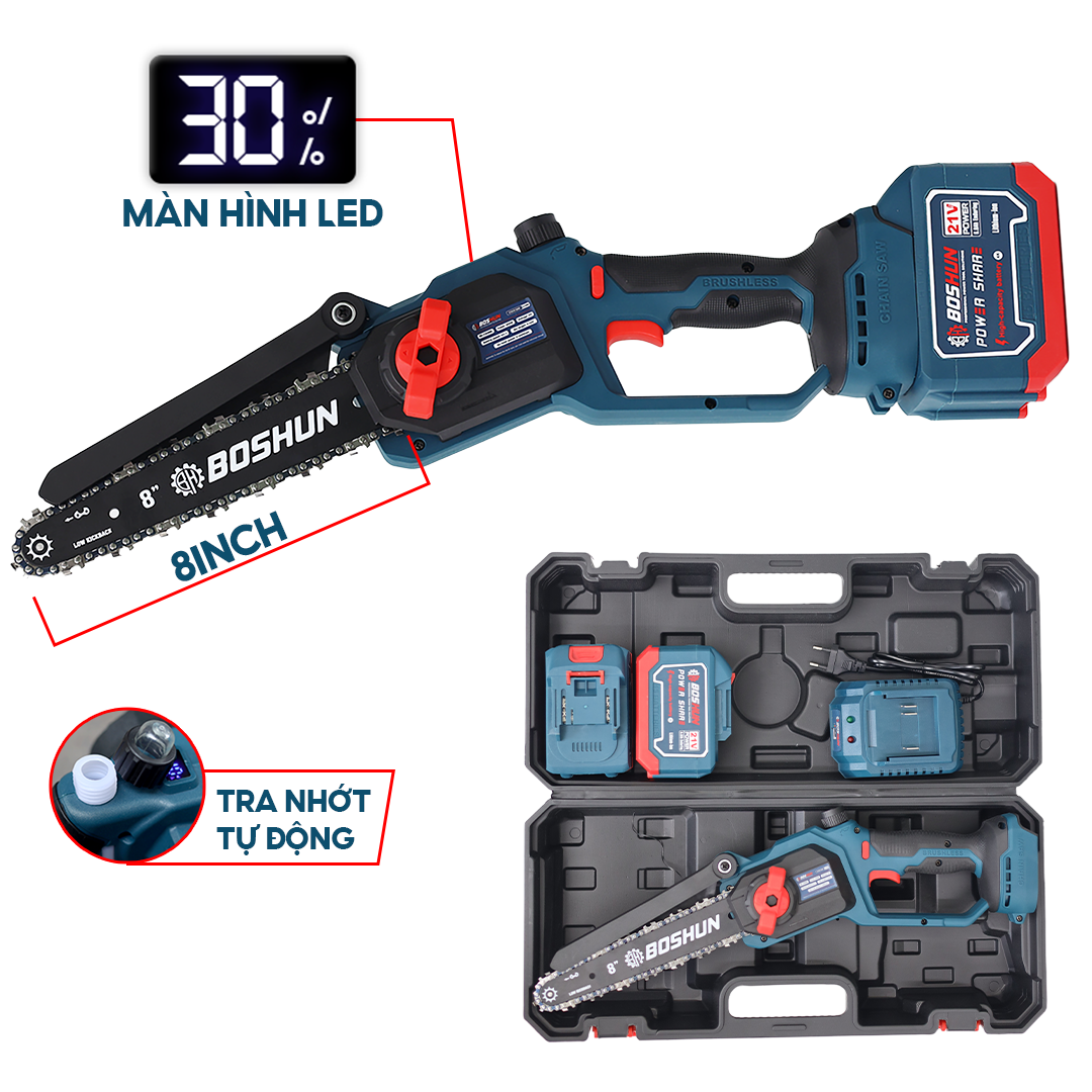 Máy Cưa Xích Pin Boshun BS-CS08BL Lam Xích 8 INCH, Không Chổi Than, 100% Lõi Đồng, Chính Hãng