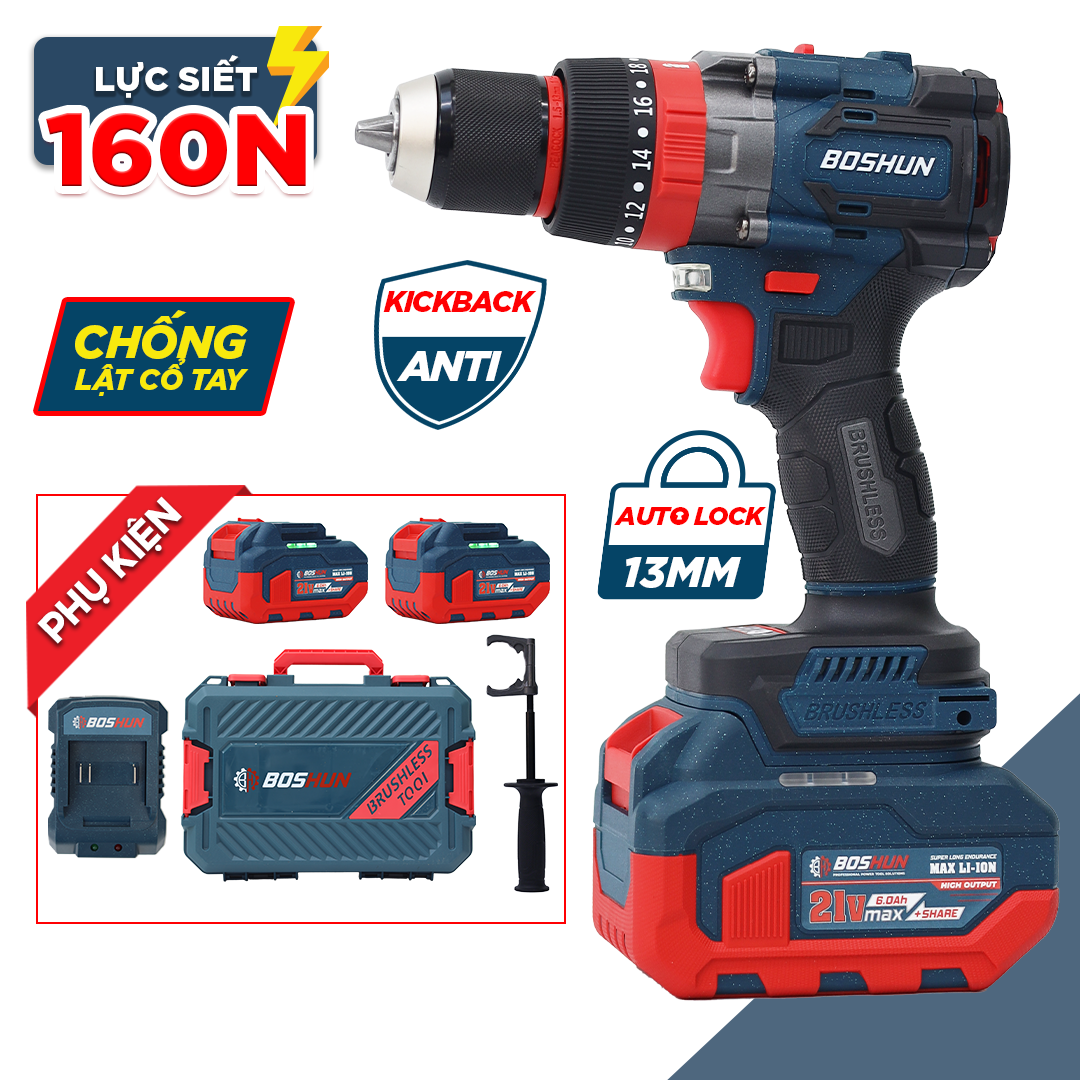 Máy khoan pin Boshun BS-ID160PRO, Lực siết 160Nm, Anti-kickback