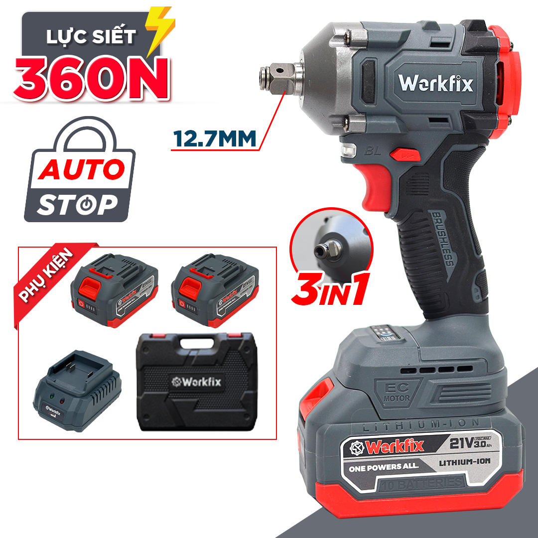 Máy Siết Bulong WORKFIX WF-IW360N đầu 2 trong 1 - Lực siết 360Nm - Bảo hành chính hãng 12 tháng