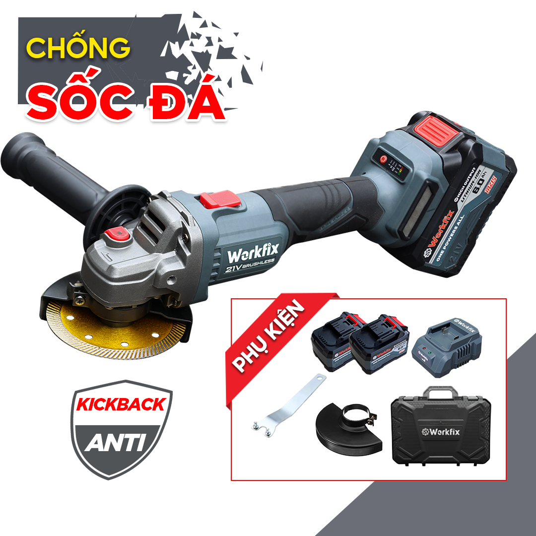 Máy Cắt Mài WORKFIX WF-AG100PRO - 3 Mức Chỉnh Tốc - Antikickback - Động Cơ Không chổi than - Bảo Hành 12T