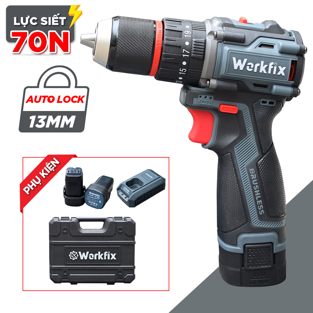Máy khoan pin Workfix WF-ID1613BL Không Chổi Than - Đa năng Bắt vít - Khoan - Búa - Bảo Hành 12 tháng