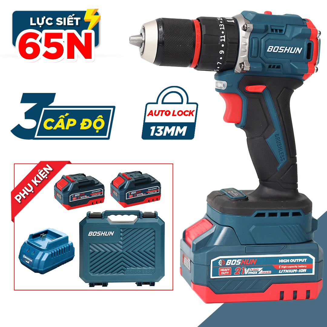 Máy Khoan Pin Boshun BS-ID1365BL - Đầu 13MM, Lực 65N.m