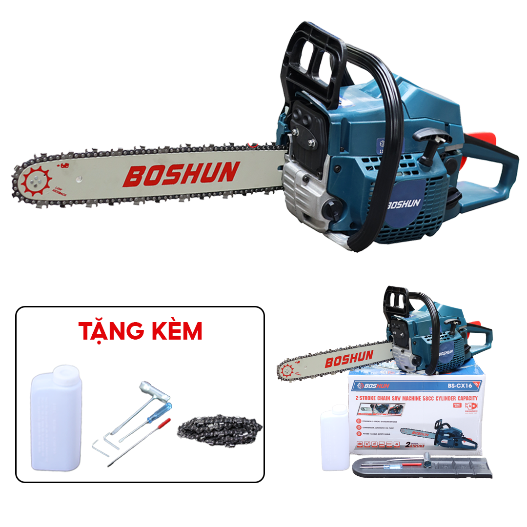 Máy cưa xăng 58CC BOSHUN BS-CX16, Lam xích dài 16INCH, Bơm nhớt tự động - Động cơ xăng 2 thì mạnh mẽ