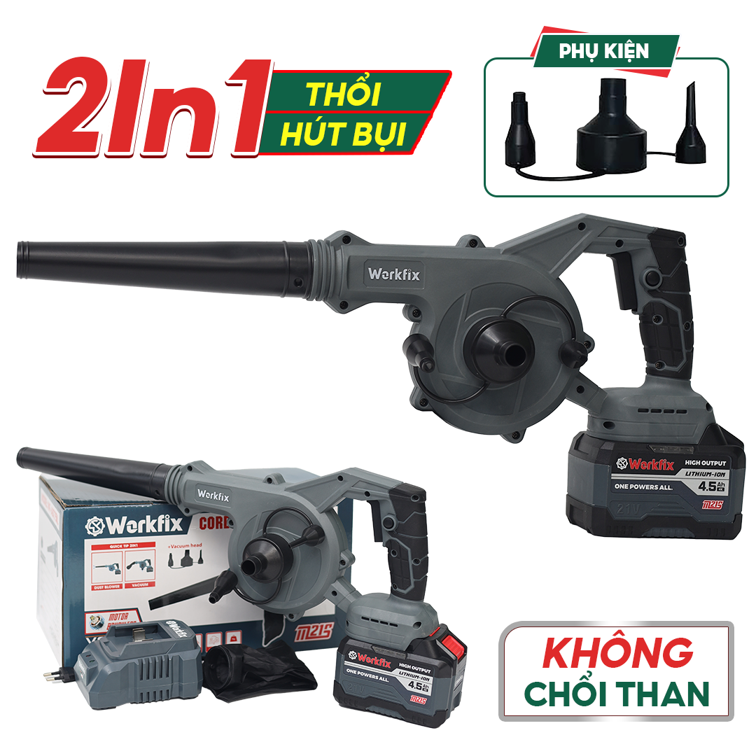 Máy thổi hút bụi pin WORKFIX WF-AB775BL, Động cơ Không chổi than, 2 chức năng, Cò điều tốc, Pin 15Cell