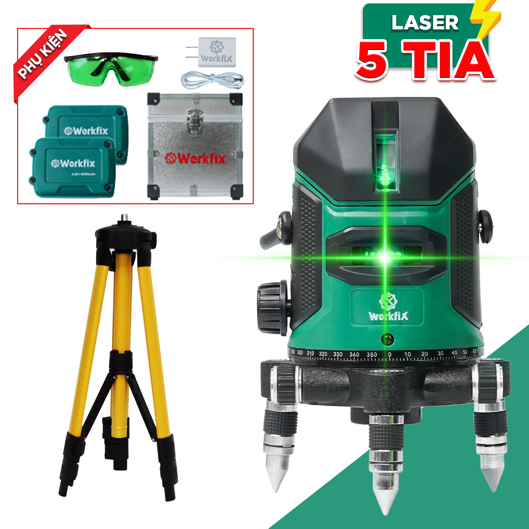 Máy cân bằng Laser Workfix WF-LS0503G - 5 tia xanh - Hộp nhôm - Kèm chân