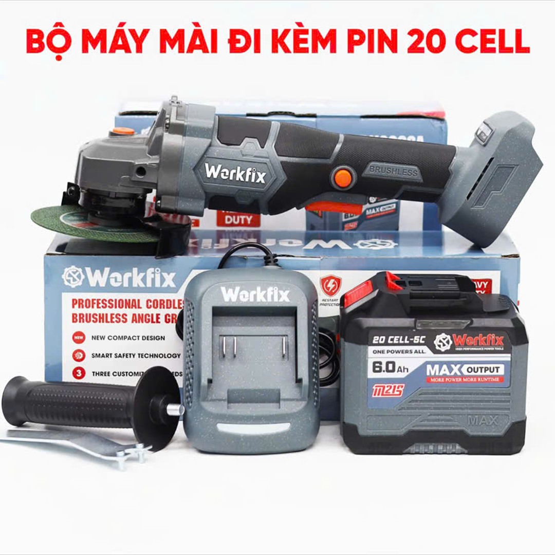 Combo Workfix Sạc Nhanh+ Pin 20 Cell 6Ah + Thân Máy Mài Workfix WF-AG7600CP