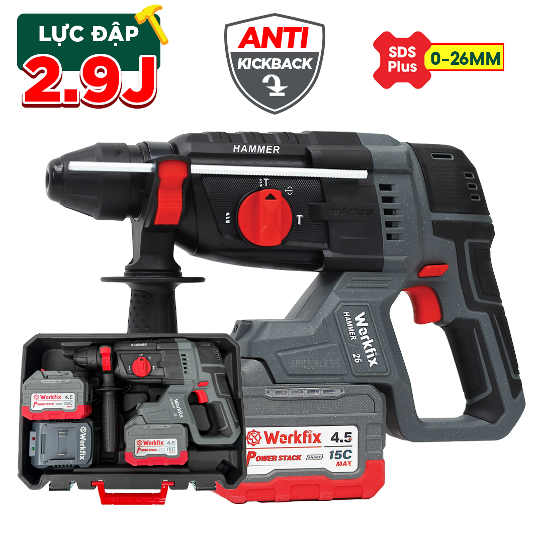 Máy Khoan Đục Bê Tông Workfix WF-RH2603CP - Bản Compact - Chống lật cổ tay Antikickback