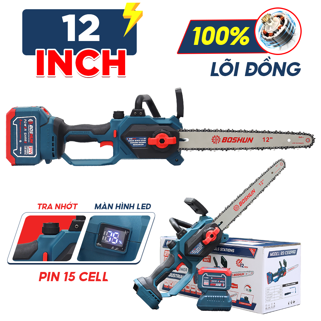 [Đèn Led Báo Pin] Máy Cưa Boshun BS-CS12PRO - 12 inch - Tra nhớt tự động - Pin 15 Cell