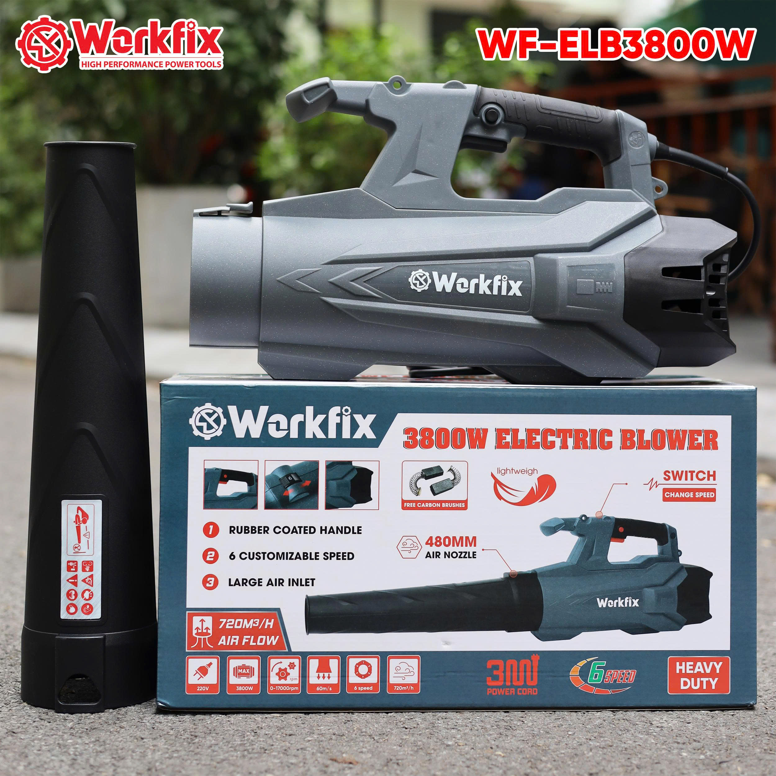 Máy thổi lá điện Workfix WF-ELB3800W - Công suất 3800W - Tặng chổi than