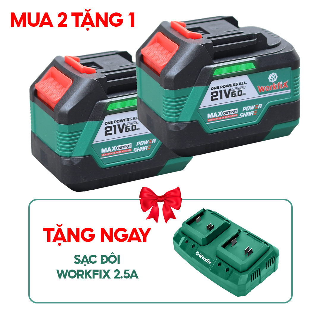 Combo 2 Pin 15 Cell WORKFIX WF-BK6000PLUS - Tặng sạc đôi 2.5A
