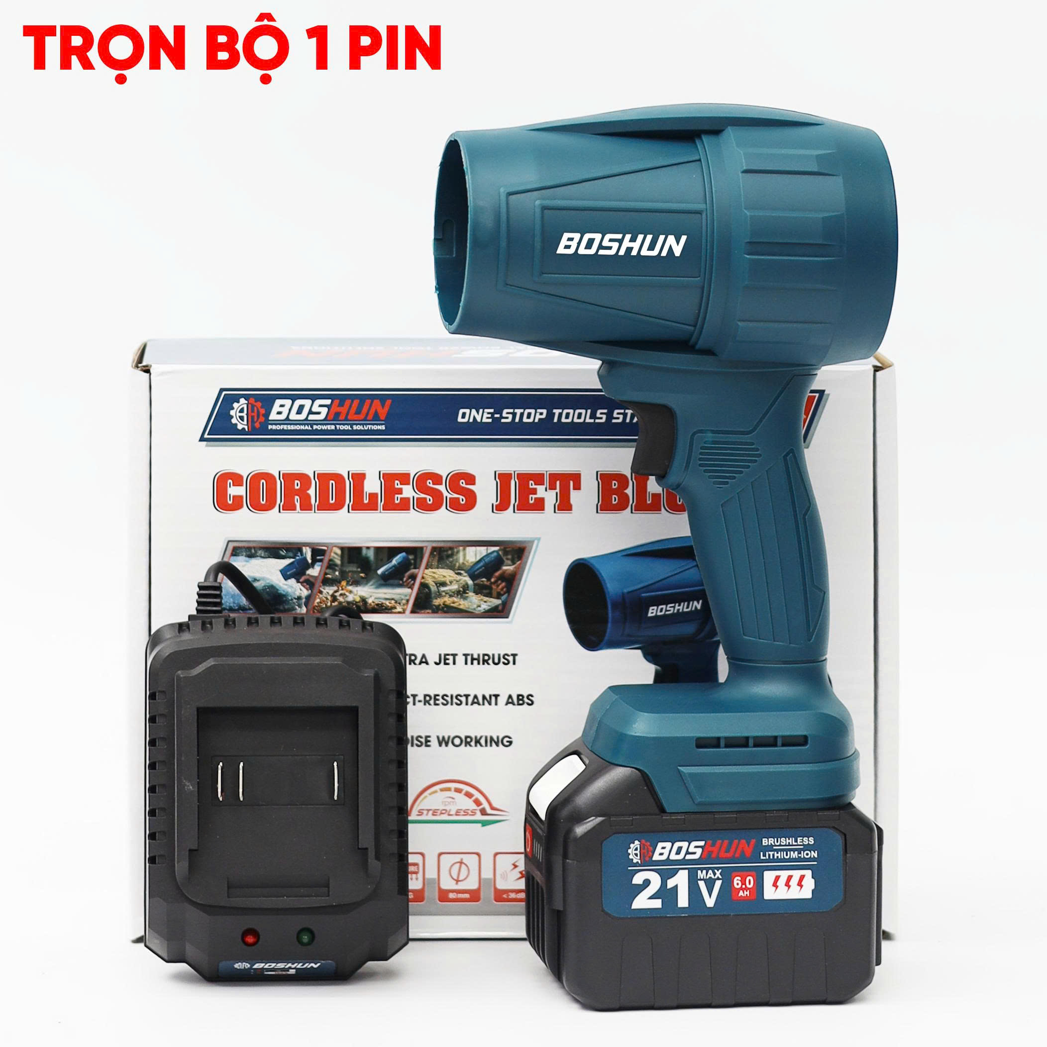 Máy Thổi Phản Lực Boshun BS-HT850G, Thổi Bụi, Thổi Lá Rụng Boshun Siêu Khỏe, Chân Pin Phổ Thông, Bộ 1 Pin 15 Cell, Bảo Hành 12T