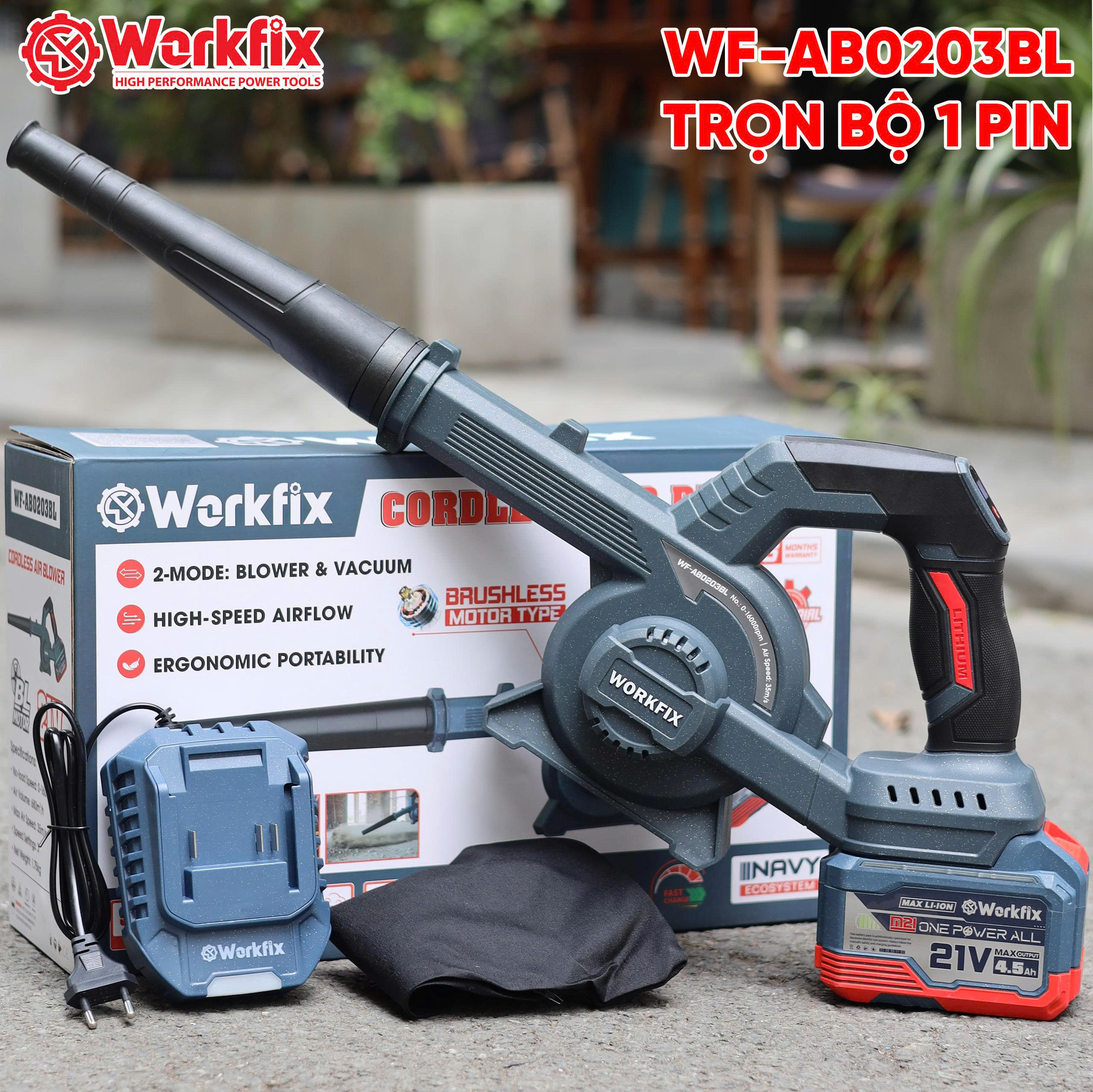 Máy thổi hút bụi pin Workfix WF-AB0203BL, Động cơ Không chổi than, 2 chức năng, Cò điều tốc, Pin 15Cell