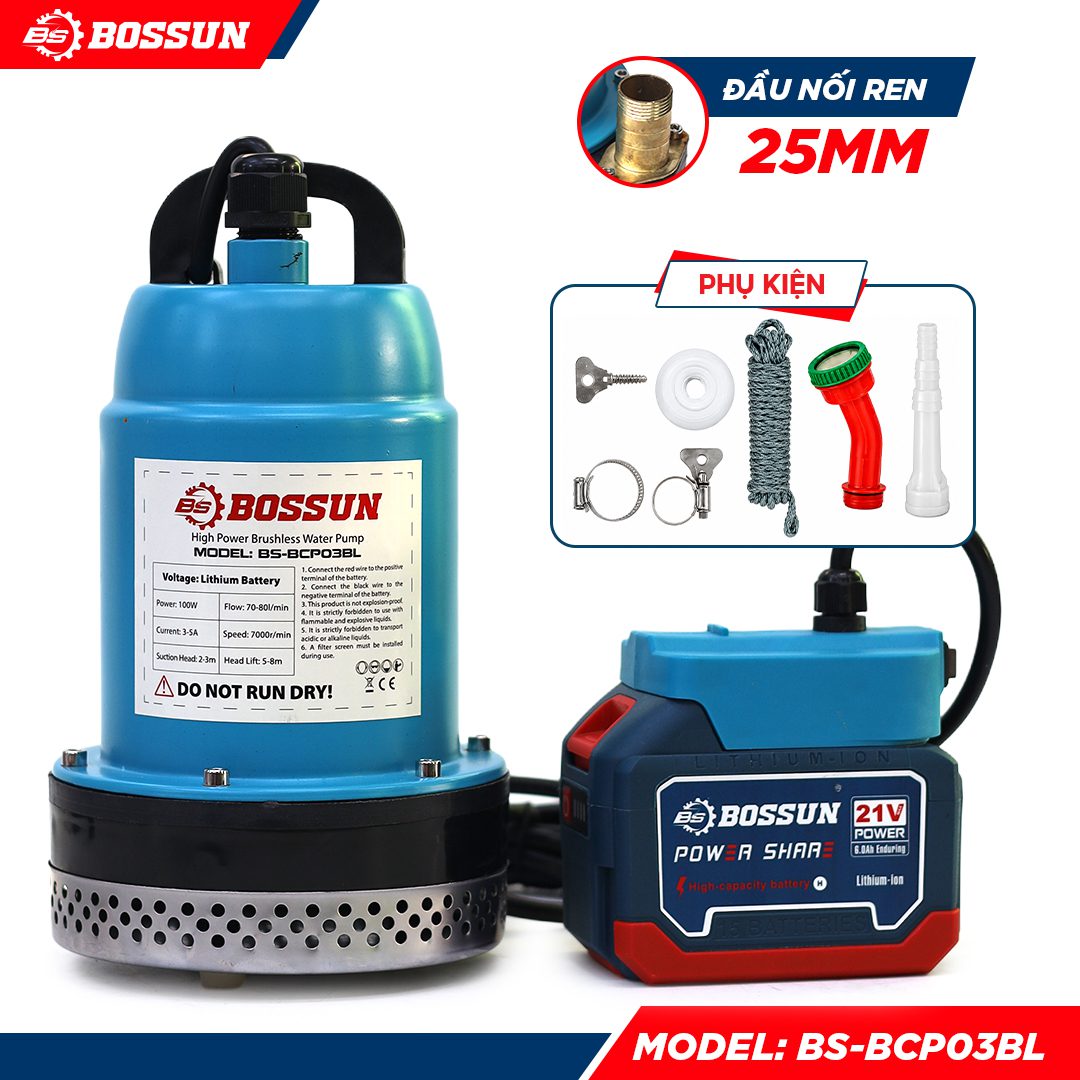 Máy Bơm Chìm Chạy Pin Bossun BS-BCP03BL – 80L/phút – Cột áp cao 5-8m