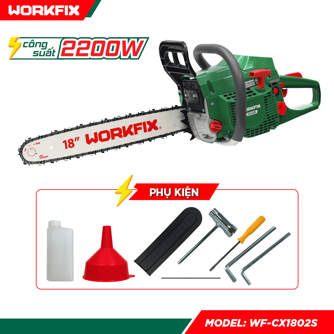 Máy Cưa Xăng Workfix WF-CX1802S Động Cơ Xăng 2 Thì, Công Suất 2200W, Lam 18 Inch